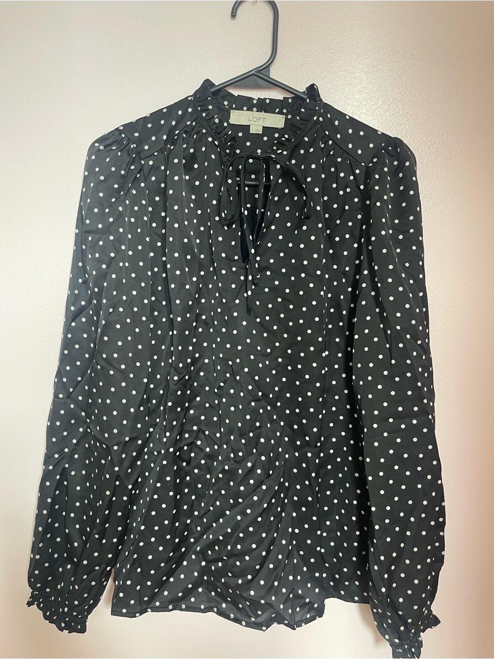 LOFT Black and White Polka Dot Tie-Neck Blouse